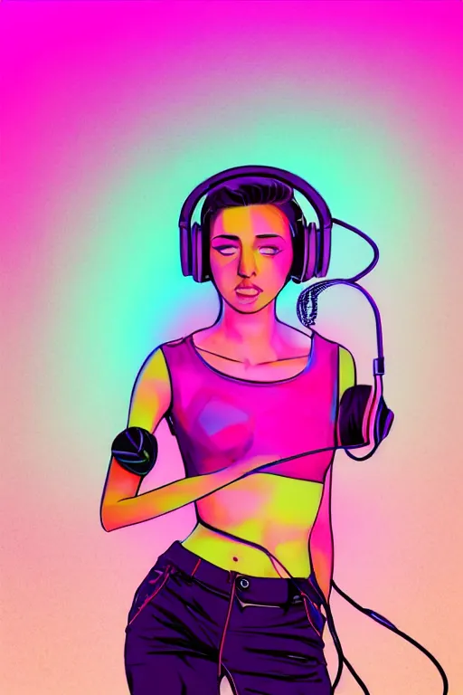 Image similar to a award winning half body portrait of a beautiful woman with stunning eyes in a croptop and cargo pants with ombre purple pink teal hairstyle dancing with headphones on her ears by thomas danthony, surrounded by whirling illuminated lines, outrun, vaporware, shaded flat illustration, digital art, trending on artstation, highly detailed, fine detail, intricate