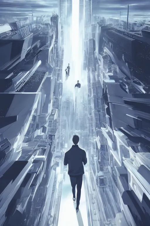 Prompt: man in white tracksuit overlooking a futuristic city, style of Mirror\'s Edge, dreamy, beautiful clouds, beautiful artwork by Makato Shinkai, futuristic