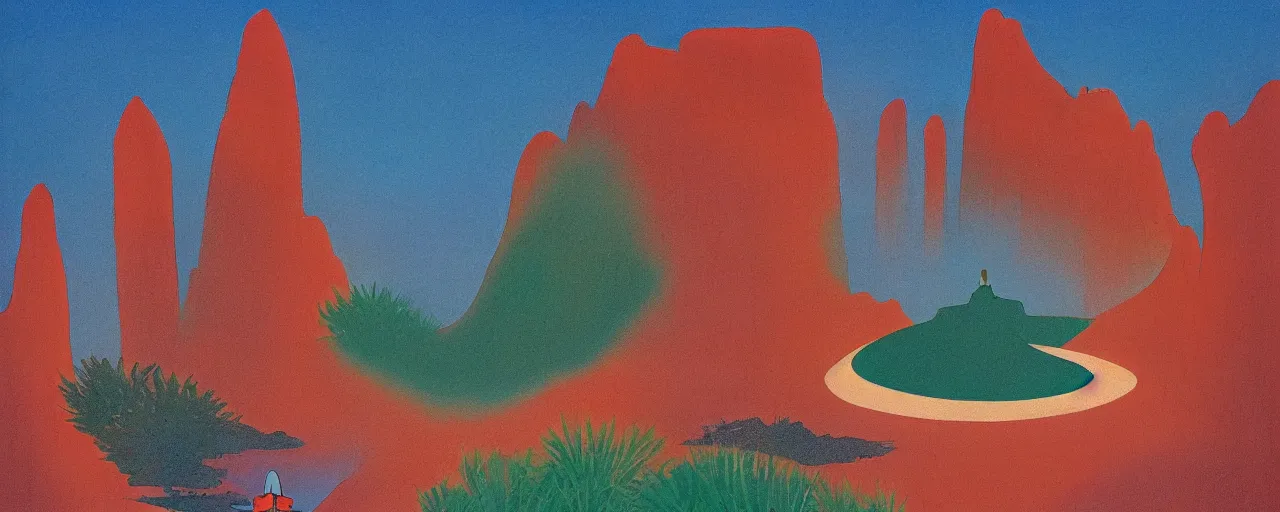 Prompt: deep desert, oasis, water lake, mirage, sand mists, red sandstone natural sculptures, desert flowers, subtle color variations, gentle mists, a white robed benevolent magician clothed in a royal garment in contemplation meditating upon God, by Eyvind Earle and Mary Blair