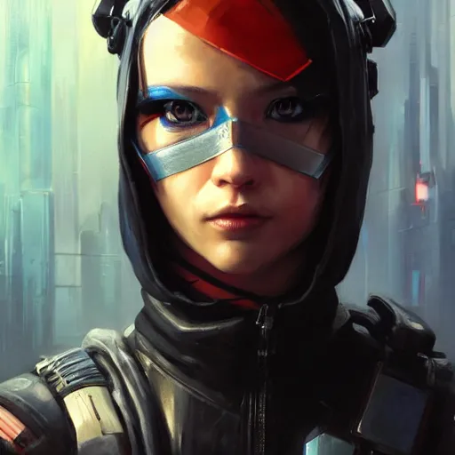 Image similar to movie still of stylized ninja - cyberpunk girl, wearing techwear and armor, complementary colors, beautiful realistic face, highly detailed, digital painting, artstation, concept art, smooth, sharp focus, illustration, art by artgerm, by greg rutkowski, by jeremy mann, by francoise nielly, oil painting