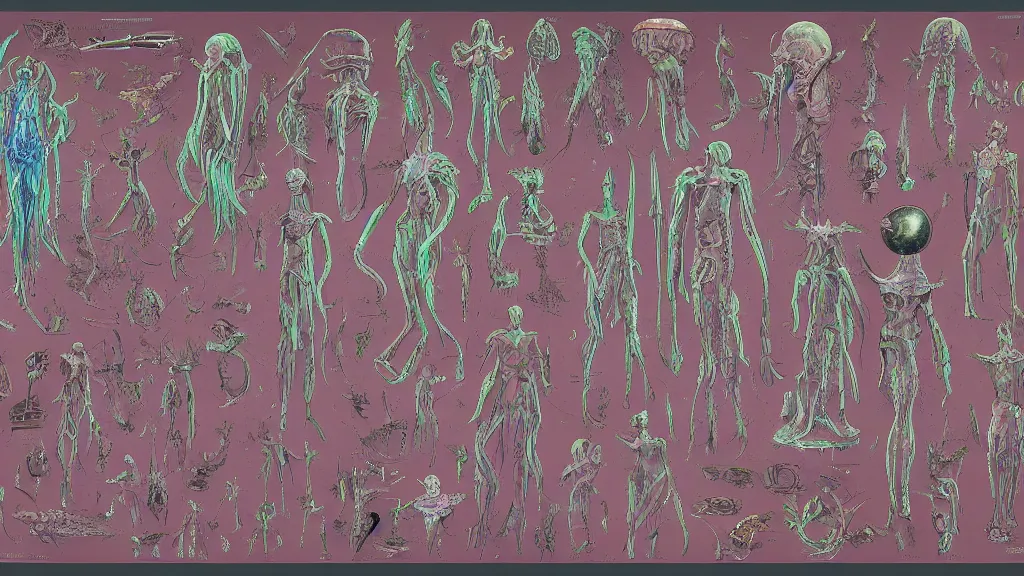 Image similar to concept art, colorful character sheet for an androgynous extraterrestrial with large bulbous head, religious robes, retrofuture, ernst haeckel, fantastic planet, moebius, valerian, coherent, illustration, digital art, trending on artstation, hd, 8 k, good lighting, beautiful, rough paper, masterpiece