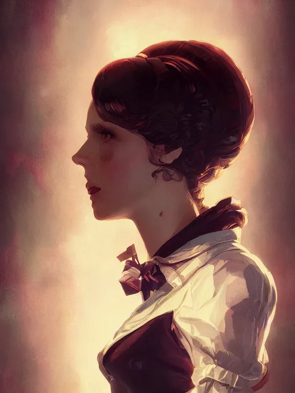 Prompt: portrait of a young woman from bioshock infinite, art by ryo shiotani and greg rutkowski, intricate, beautiful, cute, cinematic lighting, vintage art by serge ivanoff, high resolution, very detailed