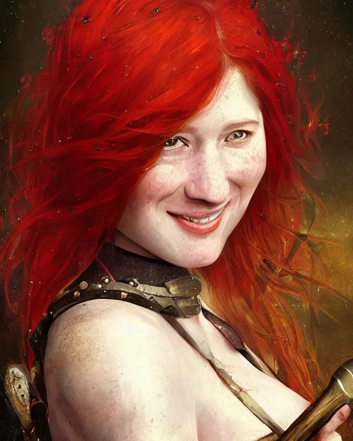 Image similar to fantasy portrait of a happy young women looking like Ellie kemper with red hair and freckles, slight smile, renaissance colorful dress, leather armor, music instrument in hand, backlit, made by Karol Bak, Artstation, 2d digital art sfw