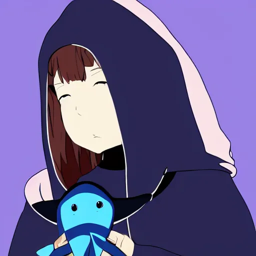 Image similar to a blonde girl in a black hoodie holding a blue shark stuffed animal, anime style digital art