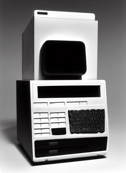 Prompt: realistic photo of a scientific model of an ugly rough complex desktop computer made of wood, display is black obsidian, front view, 1 9 9 0, life magazine reportage photo, metropolitan museum photo