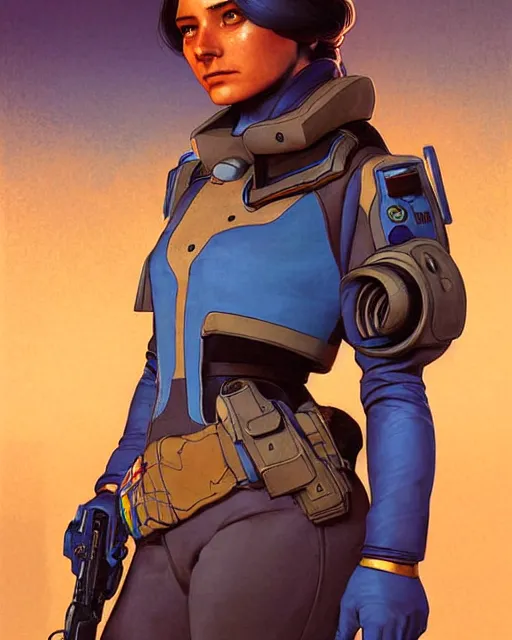 Image similar to ana from overwatch, character portrait, portrait, close up, concept art, intricate details, highly detailed, vintage sci - fi poster, in the style of chris foss, rodger dean, moebius, michael whelan, and gustave dore