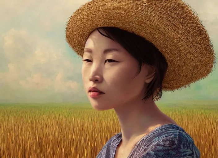 Prompt: realistic portrait photorealistic, background in the rice fields. woman in clothes made of rice straw. fine art, trending on artstation, smooth draw, sharp focus, good lighting, no anomalies.