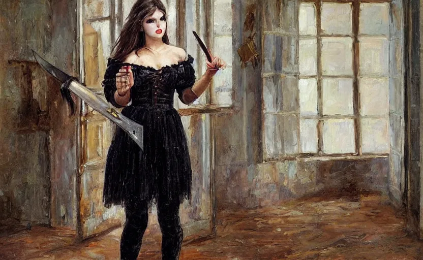 Prompt: Gothic girl holding a knife and standing on an abandoned hospital room. By Konstantin Razumov, highly detailded