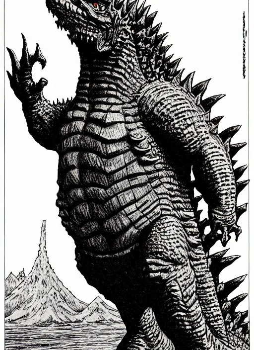 Image similar to godzilla as a d & d monster, full body, pen - and - ink illustration, etching, by russ nicholson, david a trampier, larry elmore, 1 9 8 1, hq scan, intricate details, stylized border