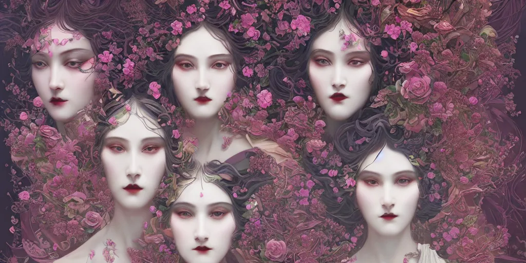 Image similar to breathtaking detailed concept art painting art deco pattern of goth faces goddesses amalgamation flowers, by hsiao - ron cheng, bizarre compositions, exquisite detail, extremely moody lighting, 8 k