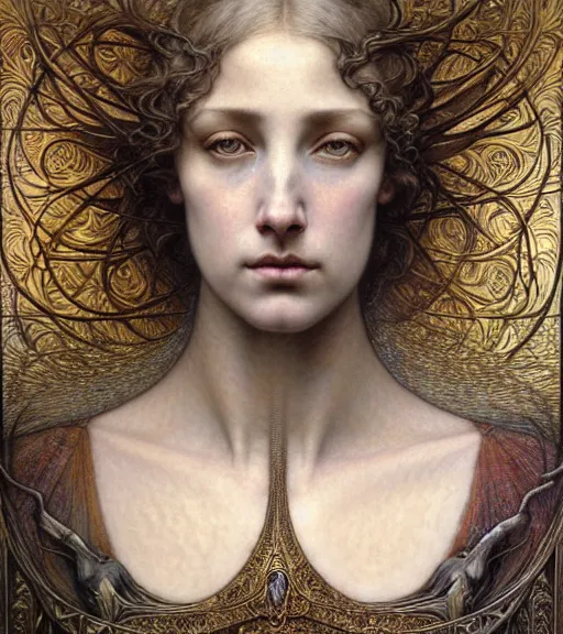 Image similar to detailed realistic beautiful young medieval queen face portrait by jean delville, gustave dore and marco mazzoni, art nouveau, symbolist, visionary, gothic, pre - raphaelite. horizontal symmetry by zdzisław beksinski, iris van herpen, raymond swanland and alphonse mucha. highly detailed, hyper - real, beautiful