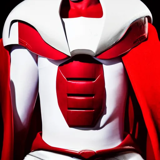 Image similar to headshot of a tall athletic muscular infantry man in glossy sleek white armor with tiny red details and a long red cape, heroic posture, strong jawline, on the surface of mars, night time, dramatic lighting, cinematic, sci-fi, hyperrealistic