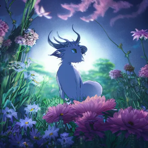Prompt: detailed spirit creature with eyes in the flowers at night made by studio ghibli, beautiful scene, detailed, high quality, high details, smooth, ghibli artstyle, 8 k, detailed creature