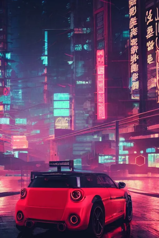 Prompt: Futuristic Asian city at night with rain, Cyberpunk style, Red Mini Cooper S, Neon lights, Matte paiting, cinematic lighting, corona render, smoke, light rays, 8k