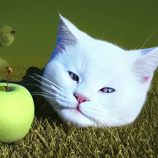 Prompt: a white cat paw holding a light blue apple, close up, with a field in the background, unreal engine