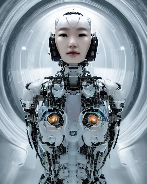 Image similar to beautiful centered fine art photo portrait of hoyeon jung as a solarpunk robotic humanoid, half body above water, white mechanical parts with bright halogen lights, ultra - realistic and detailed, white background, natural lighting, soft focus, slow exposure hdr 8 k