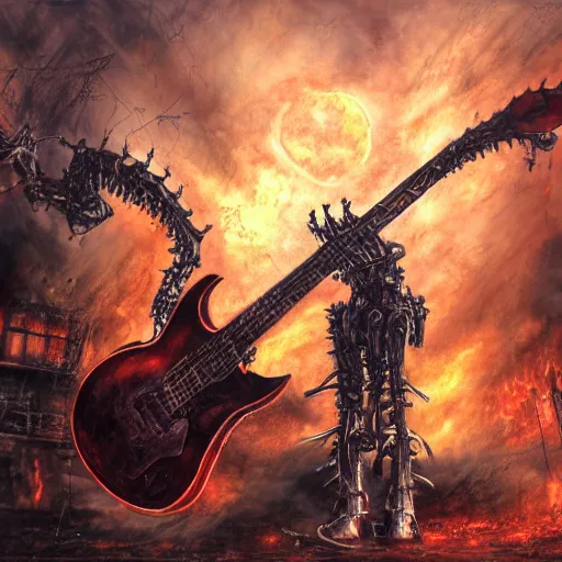 Image similar to death robot shredding flaming guitar, standing in ruined burning street by Yoshitaka Amano, by HR Giger, biomechanical, 4k, hyper detailed, hyperrealism, anime, a Blood Moon rising on a Broken World, deviantart, artstation