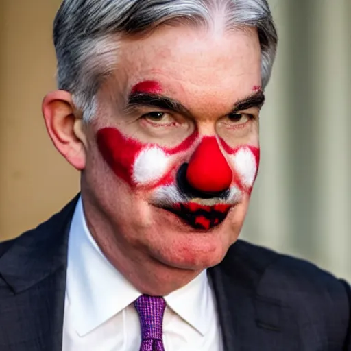 Image similar to Jerome Powell with colorful clown makeup all over his face whiteface