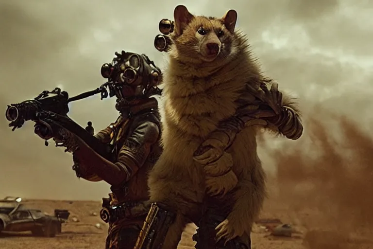 Image similar to a good ol'weasel fursona ( from the furry fandom ), heavily armed and armored facing down armageddon in a dark and gritty version from the makers of mad max : fury road. witness me.