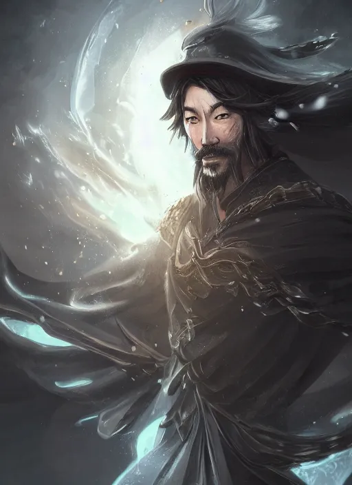 Image similar to a highly detailed illustration of Hiroyuki Sanada as wizard wearing black robe and mage hat, heroic magic floating pose, intricate, elegant, highly detailed, centered, digital painting, artstation, concept art, smooth, sharp focus, league of legends concept art, WLOP