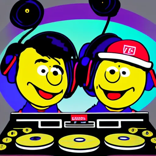 Image similar to svg sticker of a Pop-Wonder Bert&Ernie, Sesame-Street, at a rave, spinning records, giant headphones rocking out, wearing headphones, huge speakers, dancing, rave, DJ, spinning records, digital art, amazing composition, rule-of-thirds, award-winning, trending on artstation, featured on deviantart