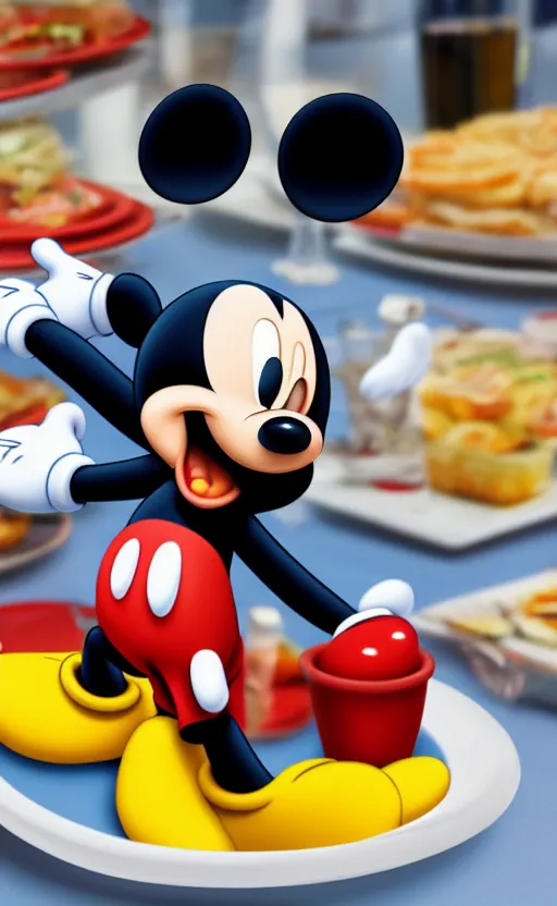 Image similar to mickey mouse on a porcelain tray at a buffet for 5 0 people, photo, photorealistic, realistic, detailed, high quality, high resolution, 8 k, hdr, 8 k quality, 8 k resolution