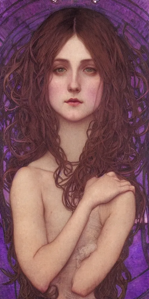 Prompt: purple, character portrait of purple, by waterhouse, by mucha, lean face, symmetrical face, face symmetry, cinematic lighting, beautiful, elegant, oil painting, cinematic, portrait, raphaelite, trending on artstation, intricate background