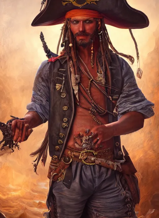 Image similar to realistic full body concept art illustration oil painting of a pirate in insanely detailed and intricately colored clothing, octane render, sss, postprocessing, 4k, cinematic lighting, unreal engine