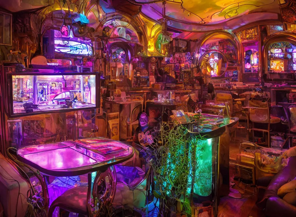 Prompt: telephoto 7 0 mm f / 2. 8 iso 2 0 0 photograph depicting the experience of chrysalism in a cosy cluttered french sci - fi ( art nouveau ) cyberpunk bar in a pastel dreamstate art cinema style. ( terrarium, computer screens, window ( city ), leds, lamp, ( ( ( piano ) ) ) ), ambient light.