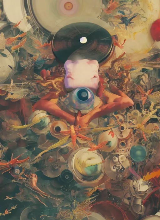 Image similar to surreal gouache painting, by yoshitaka amano, by ruan jia, by Conrad roset, by good smile company, detailed anime 3d render of a Magical flying Vinyl records , DJ Mixer, deck surrounded by Dragonflies, Vinyl records, controller, portrait, cgsociety, artstation, rococo mechanical and Digital and electronic, dieselpunk atmosphere