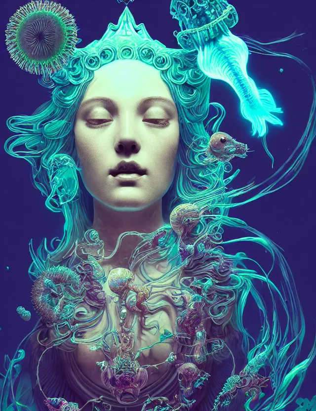 Prompt: goddess macro vintage shouler portrait from bottom to top in crown made of ram skull. betta fish, jellyfish phoenix, bioluminiscent, plasma, ice, water, wind, creature, super intricate ornaments artwork by tooth wu and wlop and beeple and greg rutkowski and alexander fedosav