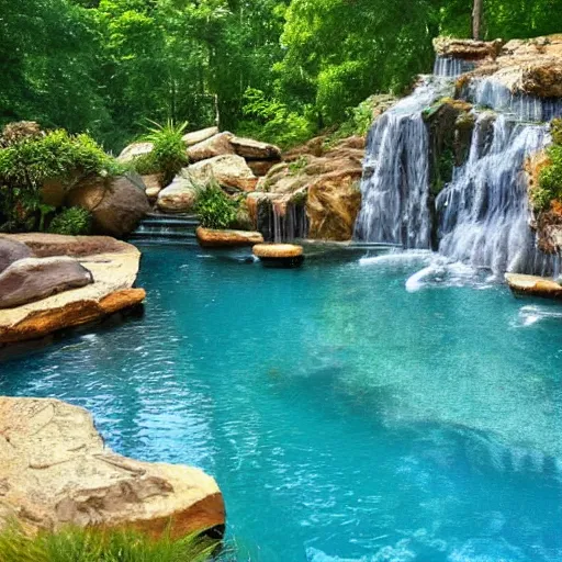 Image similar to dreaming of turquoise infinity pools and waterfalls, detailed, landscape