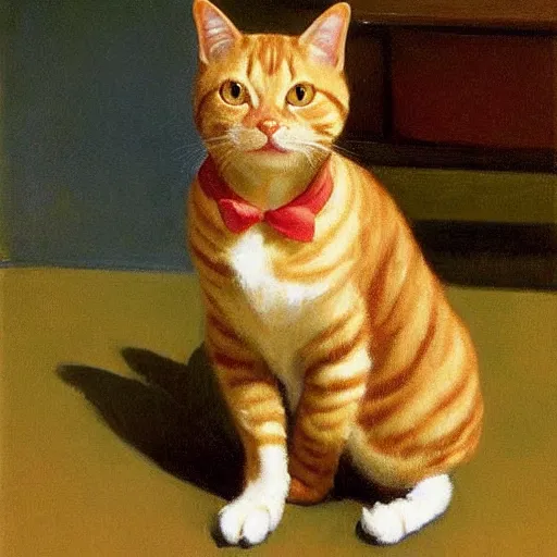 Prompt: Edward Hopper portrait of a ginger tabby cat wearing a beautiful outfit