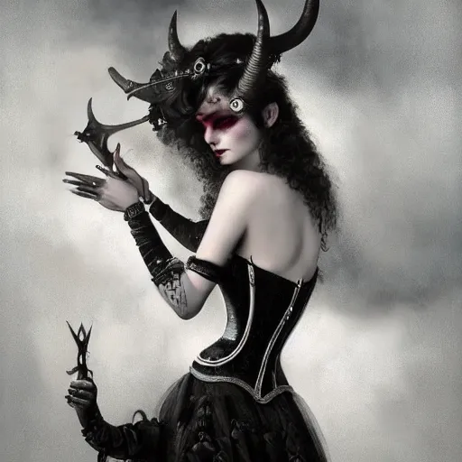 Image similar to By Tom Bagshaw, ultra realist soft painting of curiosities cyberpunk carnival by night, very beautiful horned single female gothic corset , symmetry accurate features, very intricate details, ominous sky, black and white, volumetric light clouds