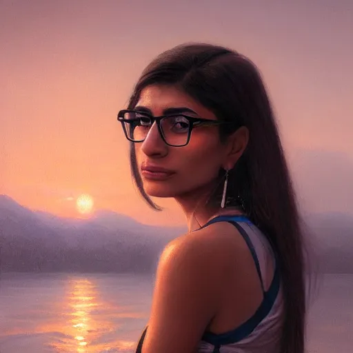 Image similar to a closeup portrait of a mia khalifa, dramatic light, lake background, sunset, dark, painted by stanley lau, painted by greg rutkowski, painted by stanley artgerm, digital art, trending on artstation