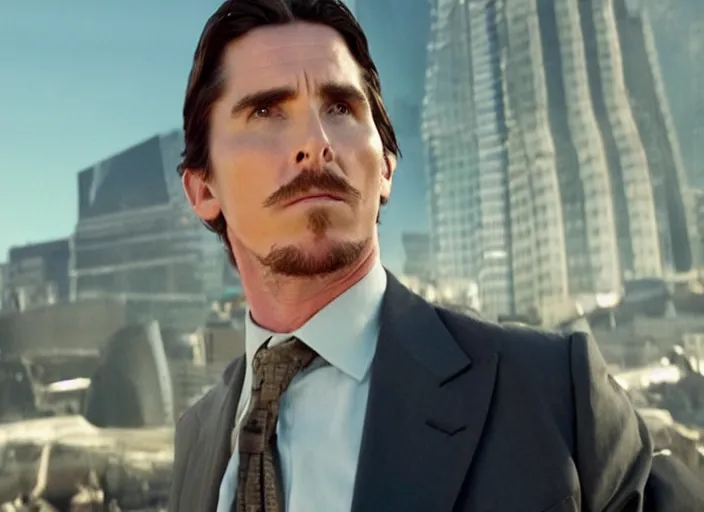 Image similar to film still of Christian Bale as Cobb with the world bending in the background in Inception, 4k