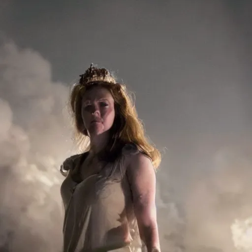 Prompt: bree williamson as the goddess of war. movie still. sinister atmospheric lighting. highly detailed, ground mist