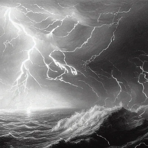 Image similar to drawing close up of large pepe the frog fighting lightning storm above a stormy ocean, by gustave dore, nineteenth century, black and white, vintage, science fiction, epic composition, dramatic lighting, highly detailed.