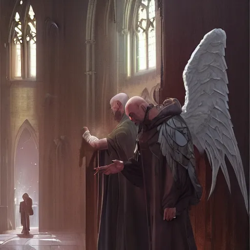 Image similar to angel protecting man who is praying inside a gothic church by Stanley Artgerm Lau, WLOP, Rossdraws, James Jean, Andrei Riabovitchev, Marc Simonetti, Yoshitaka Amano, ArtStation, CGSociety