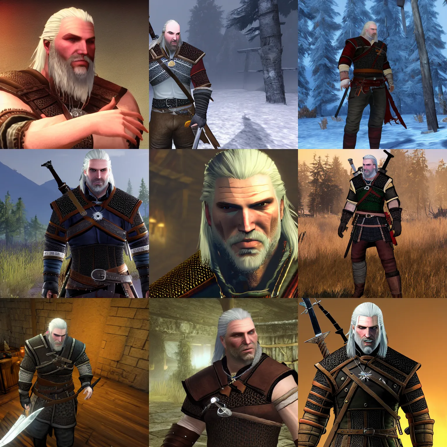 Prompt: game screenshot of angriestpat as geralt of rivia in the witcher 1