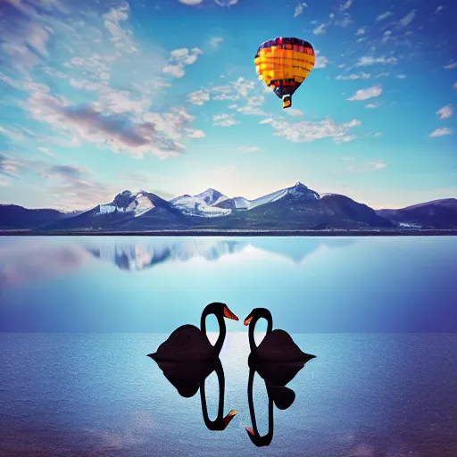 Image similar to photo of two black swans swimming in a beautiful reflective mountain lake, touching heads, forming a heart with their necks, a colorful hot air balloon is flying above the swans, hot air balloon, intricate, 8k highly professionally detailed, HDR, CGsociety