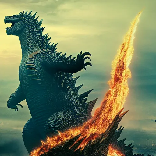 Image similar to godzilla, majestic, breathtaking, lightining in background, ultrafine hyperrealistic detailed illustration by kim jung gi, irakli nadar, intricate linework, sharp focus, bright colors, matte, film still from godzilla king of monsters, final fantasy, unreal engine highly rendered, 8 k, global illumination, radiant light, intricate environment