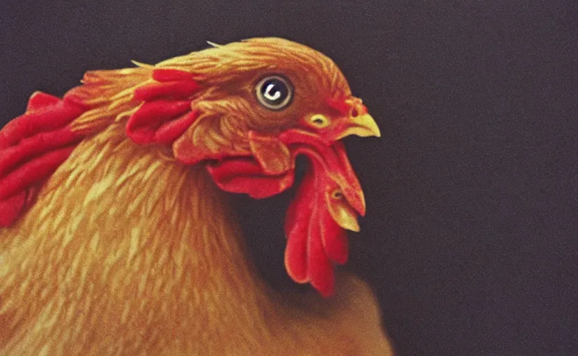 Image similar to 70s movie still full-lenght portrait of a chicken, by Irving Penn, Cinestill 800t 35mm Eastmancolor, heavy grainy picture, very detailed, high quality, 4k, HD criterion, precise texture