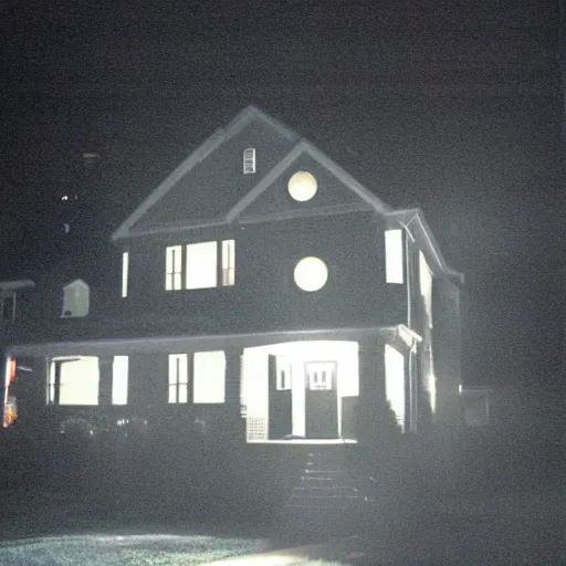 Image similar to a foggy high flash photo of a suburban home from the street at night, 2 0 0 6, taken with a disposable camera