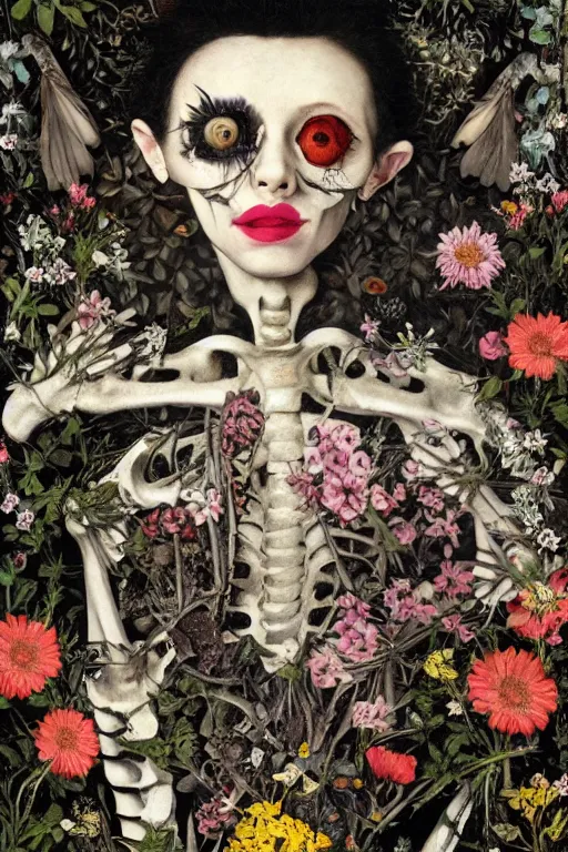 Prompt: a person lying among flowers and bones, large eyes and lips and is thinking about mortality, HD Mixed media collage, highly detailed and intricate, surreal illustration in the style of Caravaggio, baroque dark art