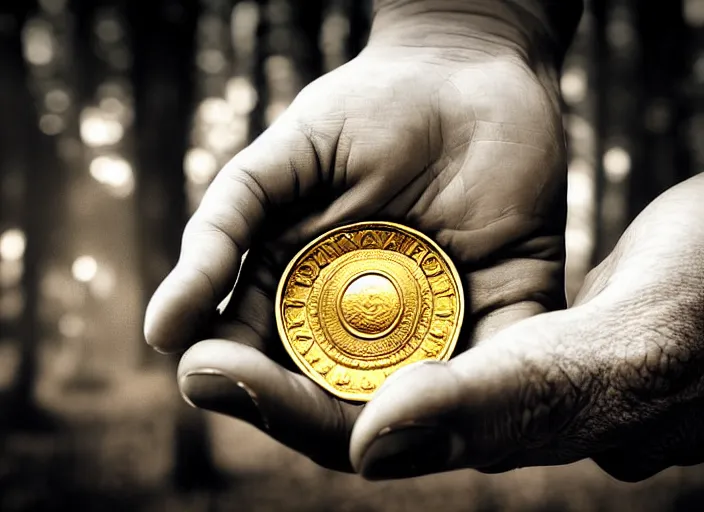 Image similar to old retro burnt out sepia photograph with scratches of an old and wrinkled hand holding a few golden coins with royal engravings. magical forest in the background with bokeh. Antique. High quality 8k. Intricate. Sony a7r iv 35mm. Award winning. Zdzislaw beksinski style