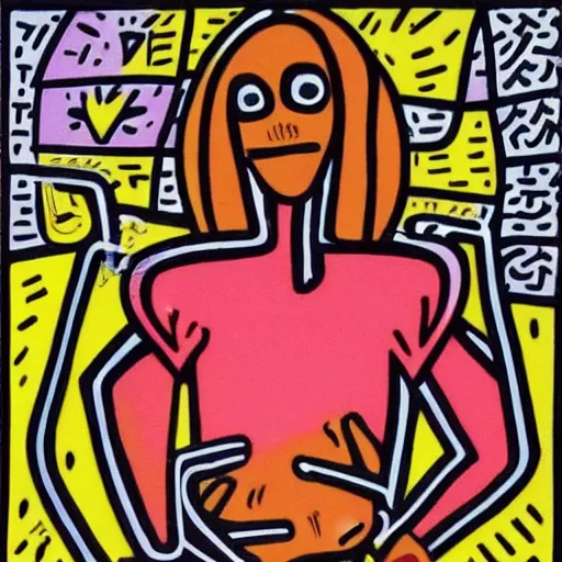 Prompt: a black woman, pregnant, by keith harring, intricate details, colorful