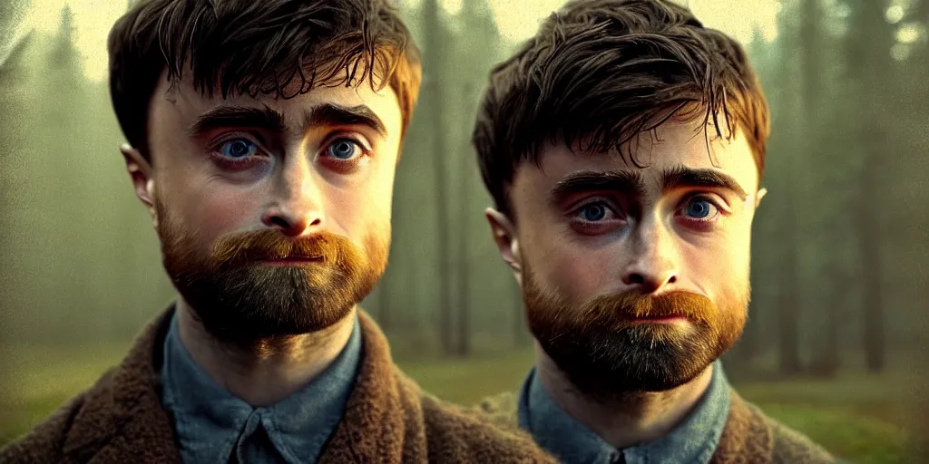Image similar to portrait bust of daniel radcliffe, solemn expression, faded color film, russian cinema, tarkovsky, kodachrome, old cabin, next to window, heavy forest outside, long brown hair, old clothing, heavy fog, blue hour, hudson river school, 4 k, dramatic lighting, greg rutkowski
