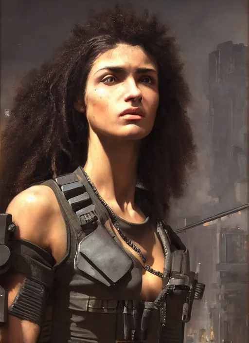 Image similar to buff Maria. beautiful cyberpunk soldier wearing a military vest and military gear (cyberpunk 2077). gorgeous face and afro. Iranian orientalist portrait by john william waterhouse and Edwin Longsden Long and Theodore Ralli and Nasreddine Dinet, oil on canvas. Cinematic, hyper realism, realistic proportions, dramatic lighting, high detail 4k