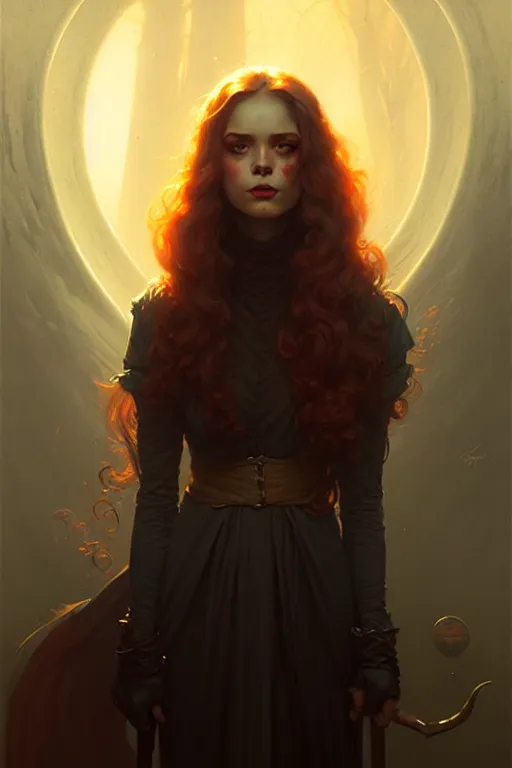 Image similar to young attractive witch portrait by anna podedworna, greg rutkowski, gaston bussiere, simon bisley